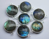 925 Sterling Silver,Labradorite Faceted Coins Shape Connector, 5 Piece 21mm