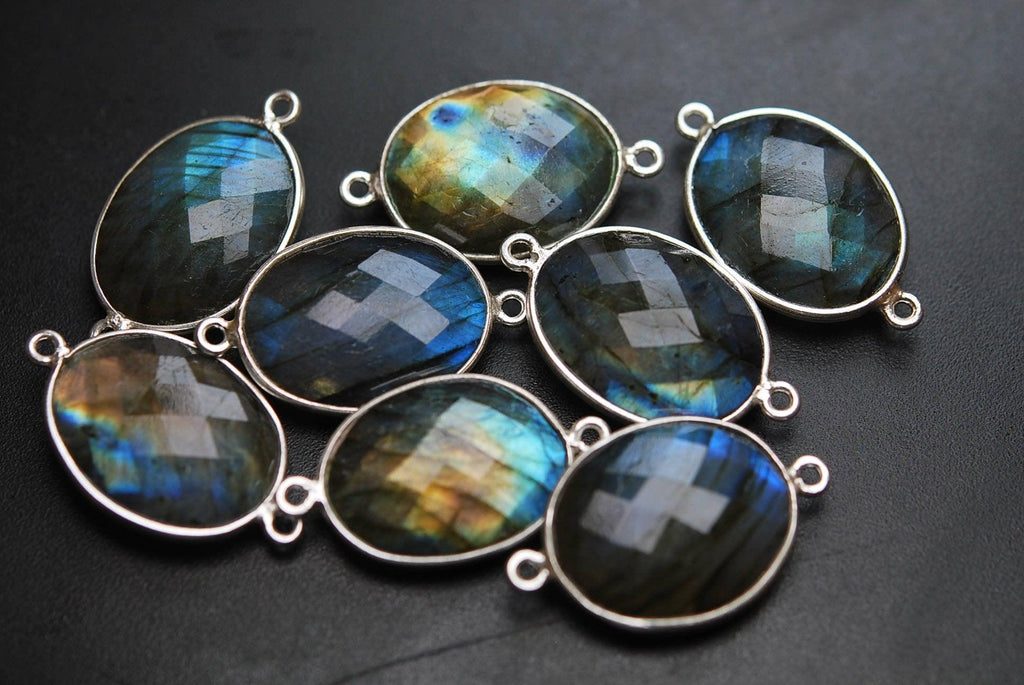 925 Sterling Silver,Labradorite Faceted Oval Shape Connector, 2 Piece Of 21mm Approx - Jalvi & Co.