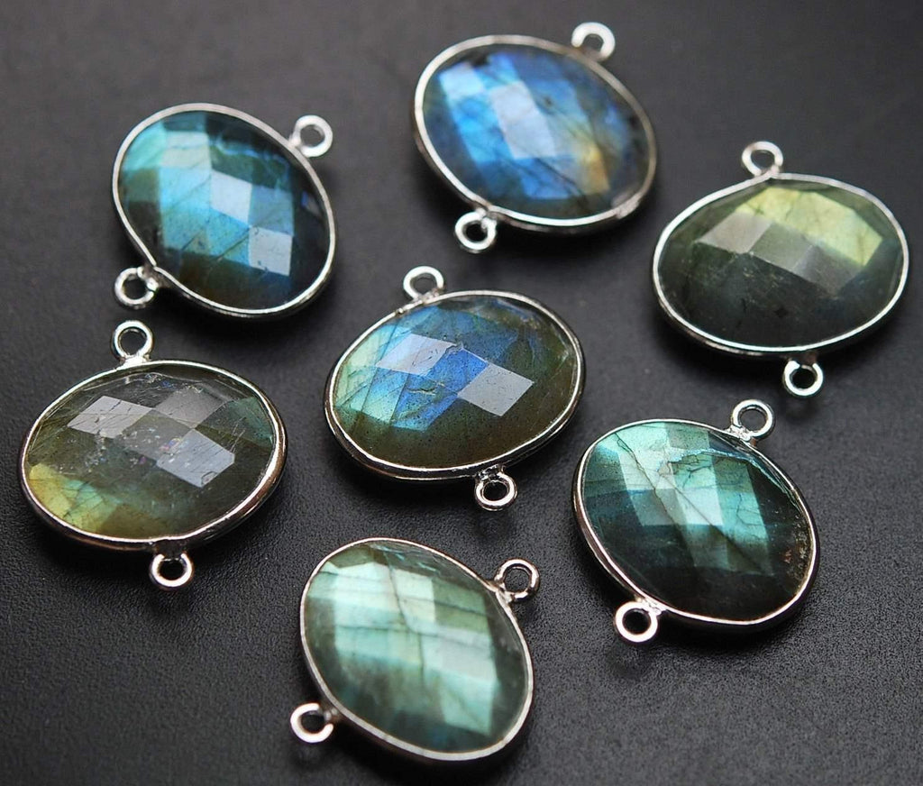 925 Sterling Silver,Labradorite Faceted Oval Shape Connector, 5 Piece Of 19mm Approx - Jalvi & Co.
