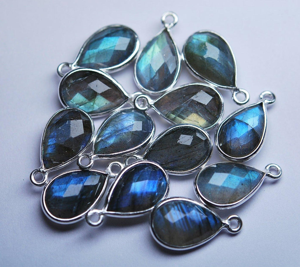 925 Sterling Silver,Labradorite Faceted Pear Shape Pendant, 10 Piece Of 16mm Approx - Jalvi & Co.