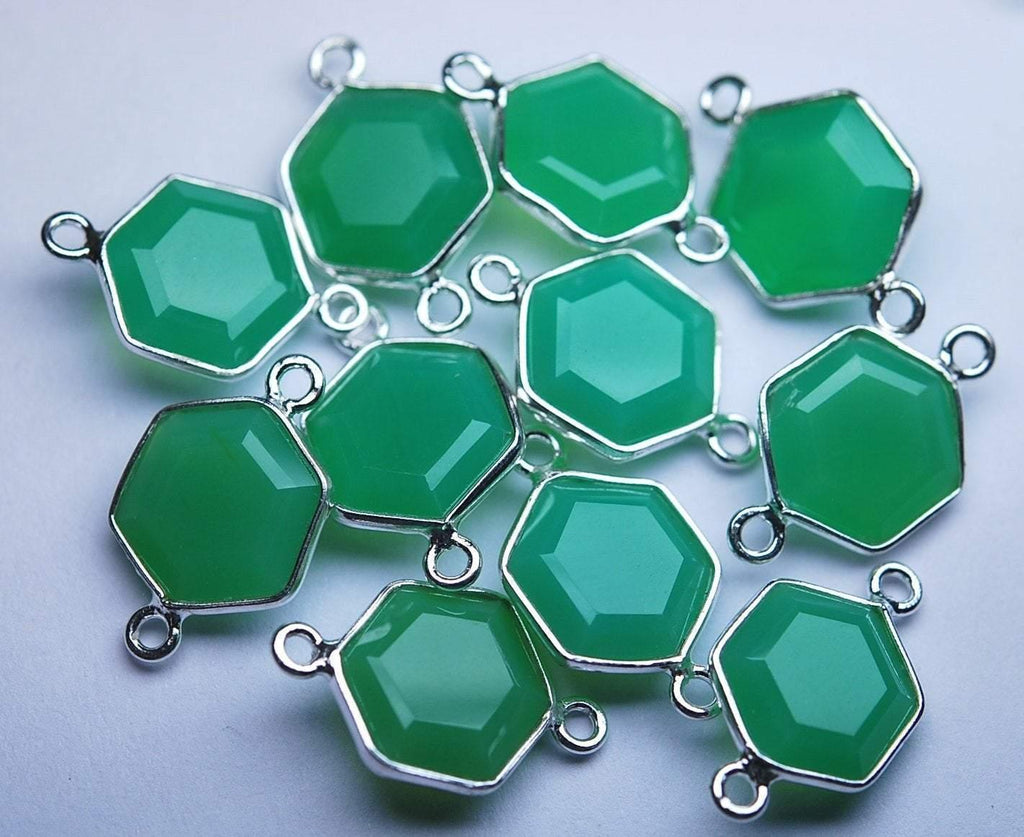 925 Sterling Silver,Match Pair Chrysoprase Chalcedony Faceted Hexagon Shape Pendant, 10 Piece Of 31mm - Jalvi & Co.