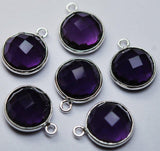 925 Sterling Silver,Purple Quartz Faceted Coins Shape Connector, 5 Piece 16mm