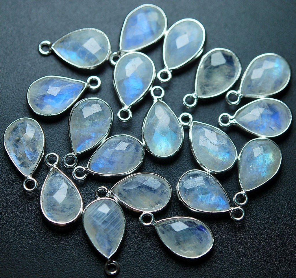 925 Sterling Silver,Rainbow Moonstone Faceted Pear Shape Charms Pendant, 10 Piece Of 13-14mm Approx - Jalvi & Co.