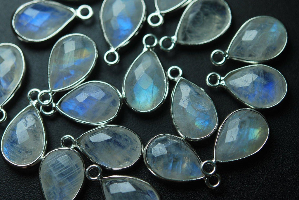 925 Sterling Silver,Rainbow Moonstone Faceted Pear Shape Charms Pendant, 10 Piece Of 13-14mm Approx - Jalvi & Co.