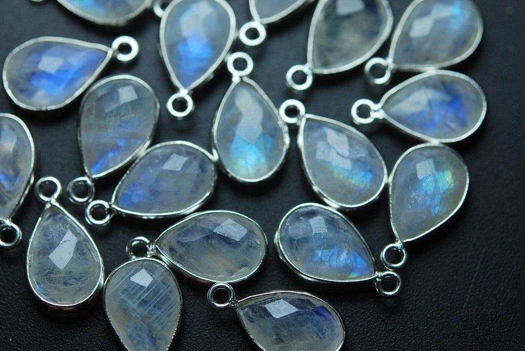 925 Sterling Silver,Rainbow Moonstone Faceted Pear Shape Charms Pendant, 10 Piece Of 13-14mm Approx - Jalvi & Co.