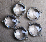 925 Sterling Silver,Rock Crystal Faceted Coins Shape Connector, 10 Piece Of 27mm