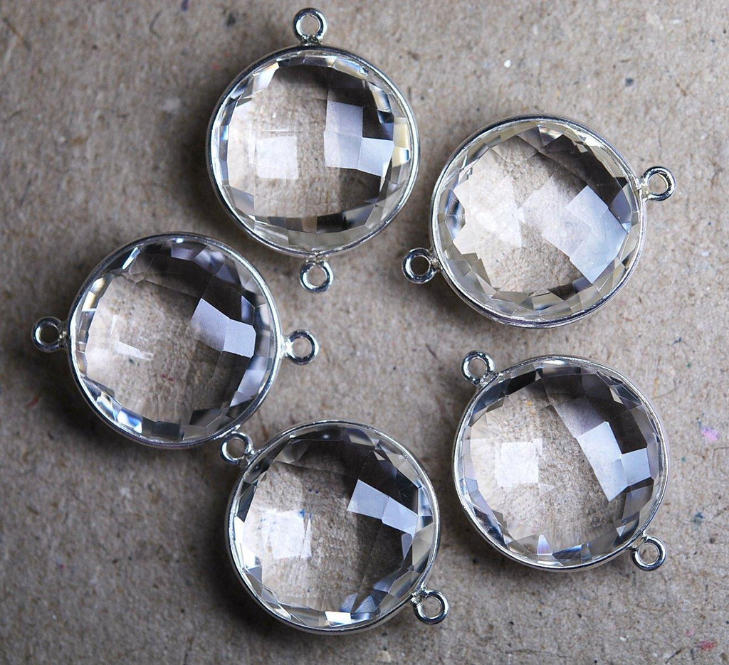 925 Sterling Silver,Rock Crystal Faceted Coins Shape Connector, 2 Piece Of 26mm - Jalvi & Co.