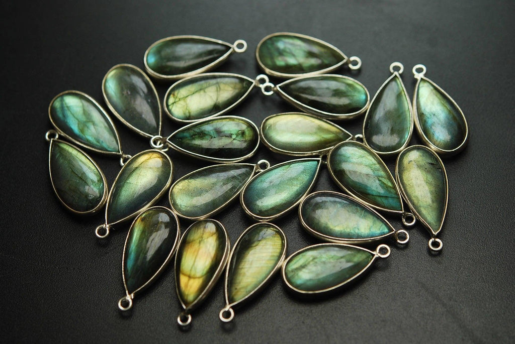 925 Sterling Silver,Yellow Flashy Labradorite Smooth Pear Shape Pendant, 5 Piece Of 23mm Approx - Jalvi & Co.