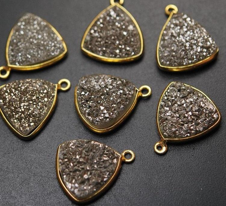 925 Sterling Vermail Silver,Titanium Silver Druzy Trillion Shape Pendant 5 Piece 19mm - Jalvi & Co.