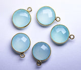 925 Sterling Vermeil Silver Aqua Chalcedony Faceted Coins Shape 24K Gold Plated Pendant, 10 Piece Of 16mm