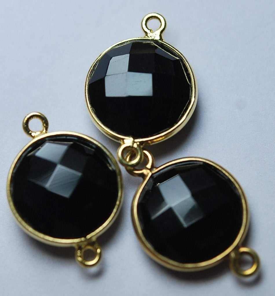 925 Sterling Vermeil Silver Black Onyx Faceted Coins Shape Connector, 5 Piece Of 19mm - Jalvi & Co.