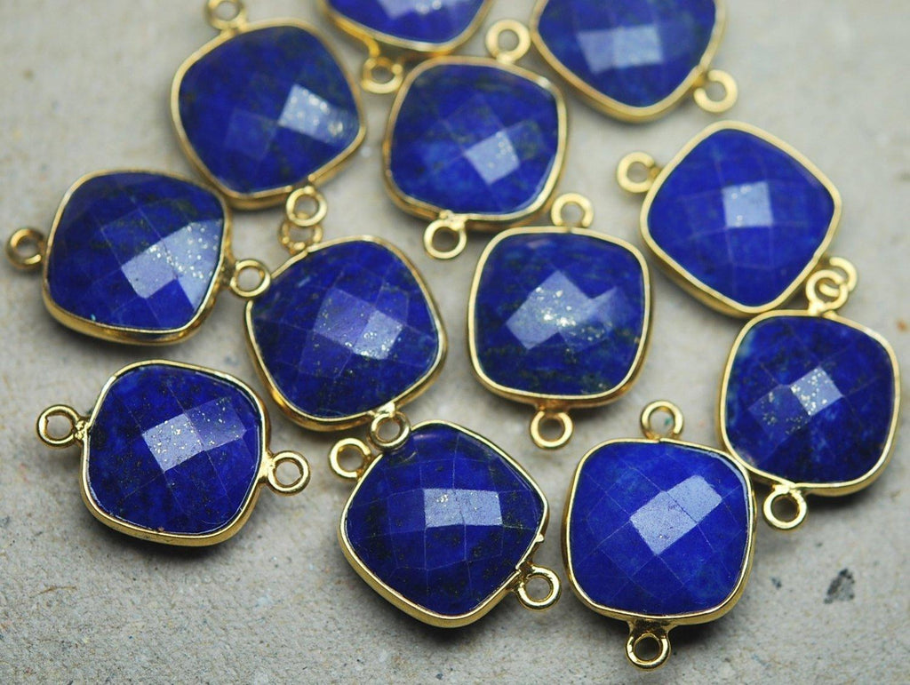 925 Sterling Vermeil Silver Lapis Lazuli Faceted Cushion Shape Connector Pendant, 2 Piece Of 17mm - Jalvi & Co.