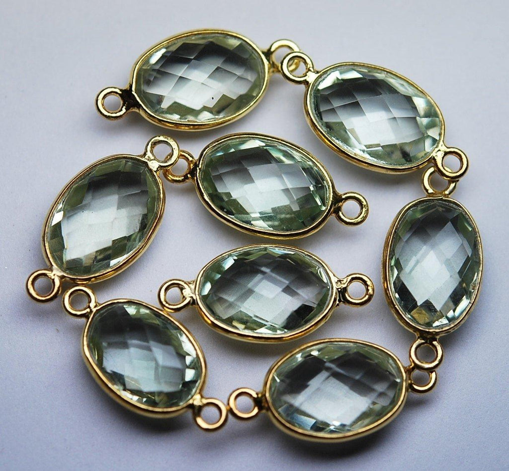 925 Sterling Vermeil Silver, Natural Green Amethyst Faceted Oval Shape Connector, 5 Piece Of 19mm - Jalvi & Co.