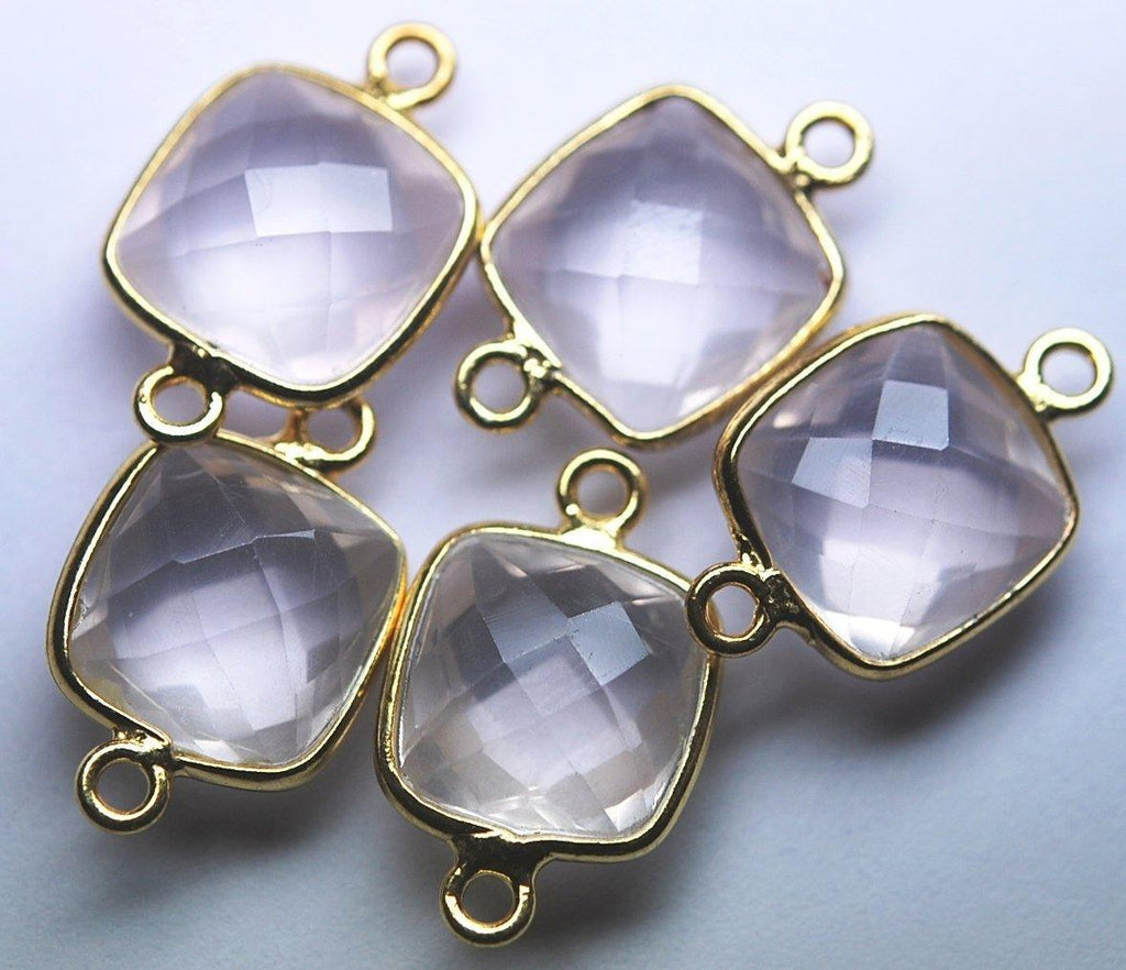 925 Sterling Vermeil Silver, Natural Rose Quartz Faceted Cushion Shape Connector, 5 Piece Of 17mm - Jalvi & Co.