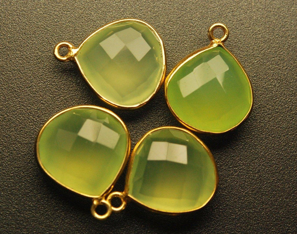 925 Sterling Vermeil Silver Prehnite Chalcedony Faceted Heart Shape Pendant, 4 Piece Of 19mm - Jalvi & Co.