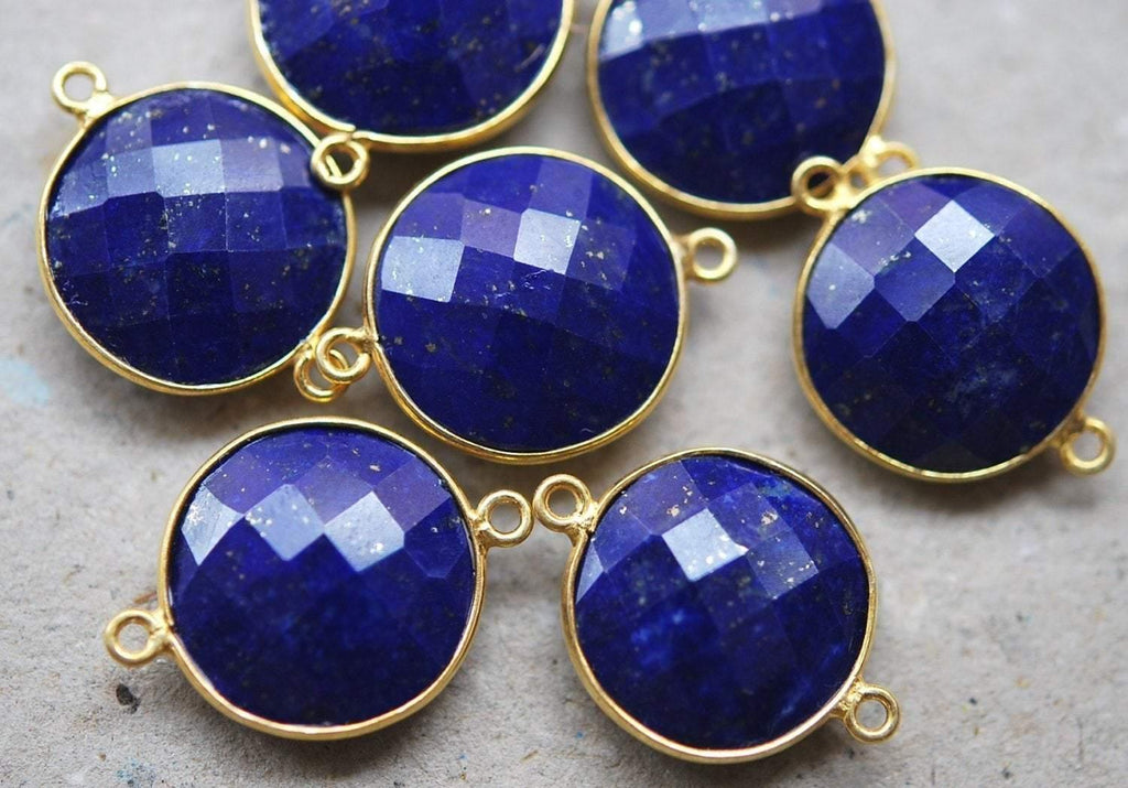 925 Sterling Vermeil Silver,Lapis Lazuli Faceted Coins Shape Connector Pendant, 5 Piece Of 26mm - Jalvi & Co.