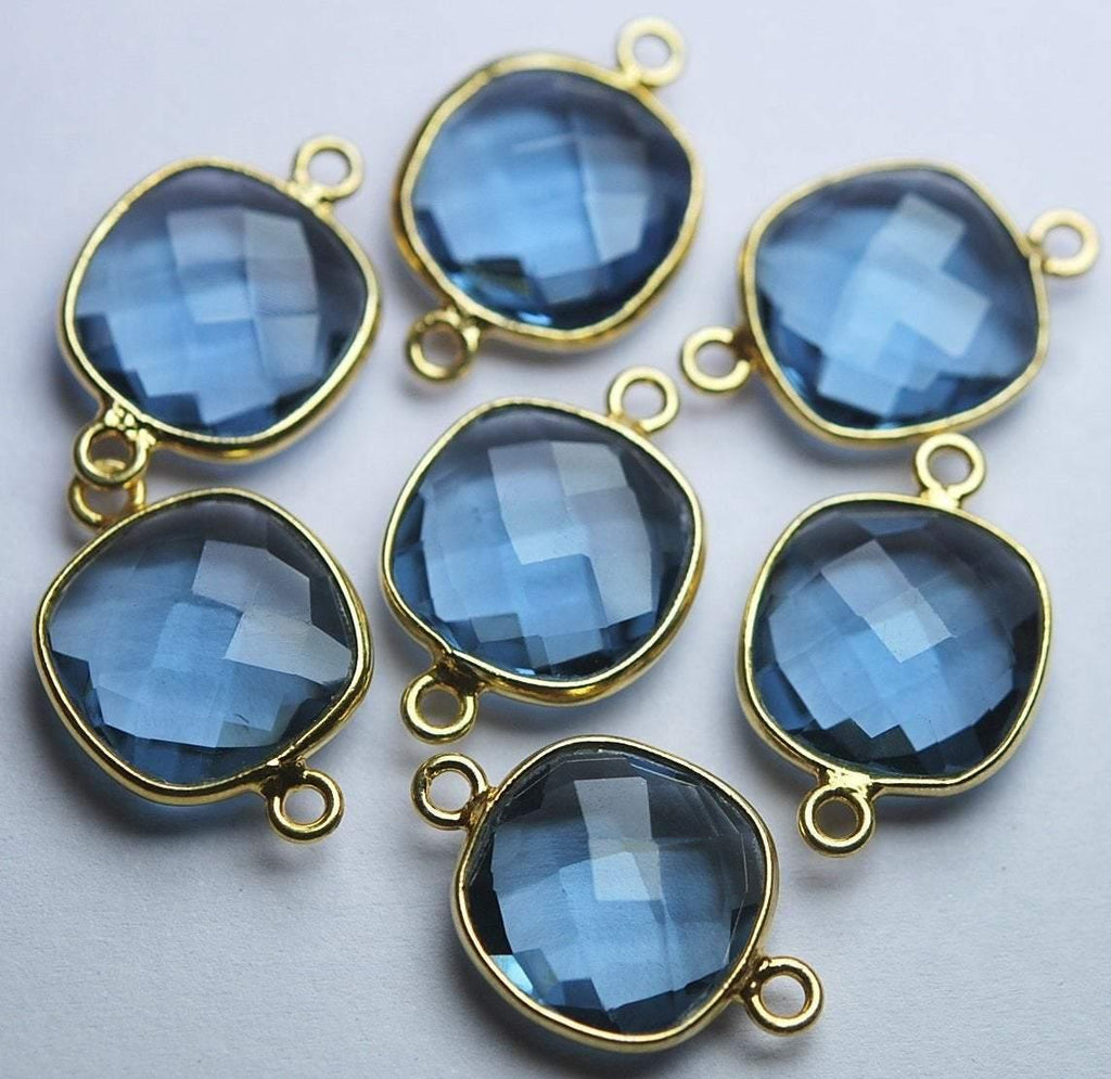 925 Sterling Vermeil Silver,London Blue Quartz Faceted Cushion Shape,Connector, 2 Piece Of 19mm Approx - Jalvi & Co.