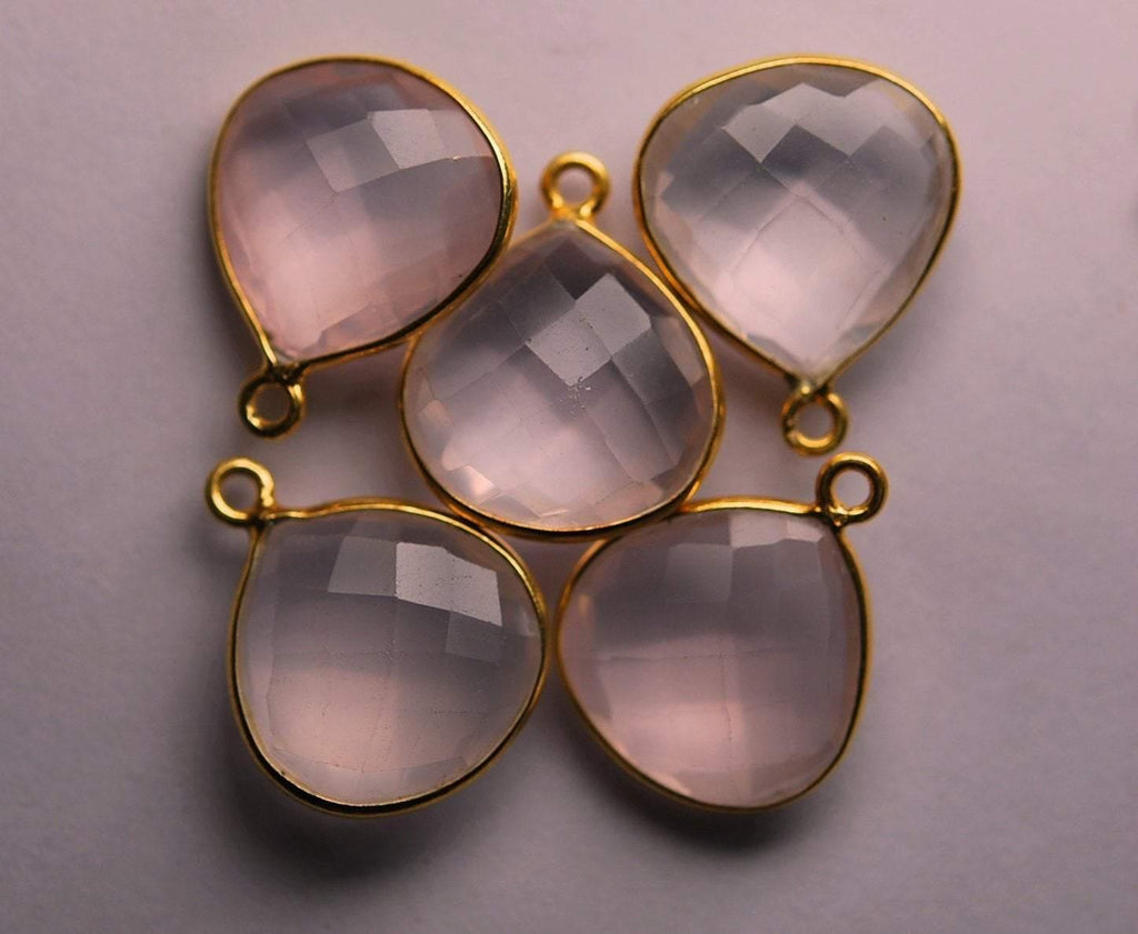 925 Sterling Vermeil Silver,Rose Quartz Faceted Heart Shape 24K Gold Plated,Pendant, 2 Piece Of 20mm Approx - Jalvi & Co.