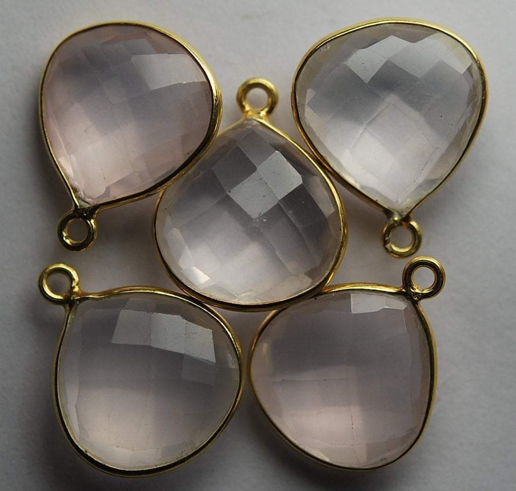 925 Sterling Vermeil Silver,Rose Quartz Faceted Heart Shape 24K Gold Plated,Pendant, 2 Piece Of 20mm Approx - Jalvi & Co.