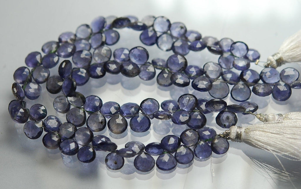 93 Carats, 8 Inch Strand Quality Water Sapphire Iolite Faceted Heart Briolette's, 8-9mm Approx. - Jalvi & Co.