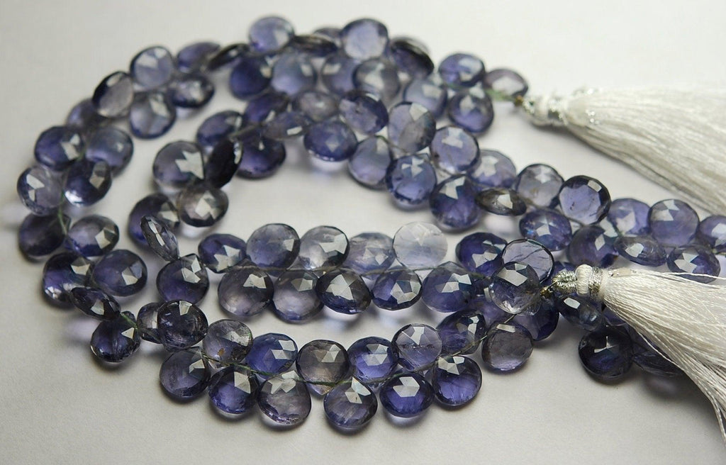 93 Carats, 8 Inch Strand Quality Water Sapphire Iolite Faceted Heart Briolette's, 8-9mm Approx. - Jalvi & Co.