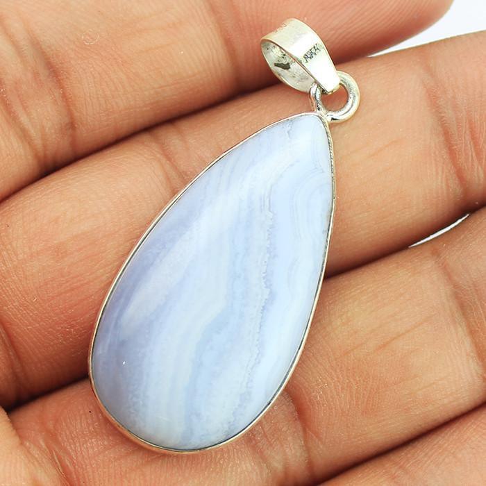 9g, Totally Handmade Blue Lace Agate 925 Sterling Silver Pear Pendant, Agate Pendant - Jalvi & Co.