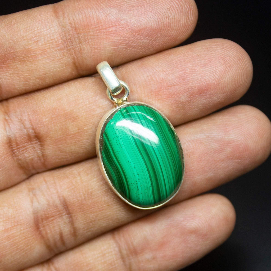 9gm Natural Malachite Oval Shape 925 Sterling Silver Bezel Pendant, Malachite Pendant - Jalvi & Co.