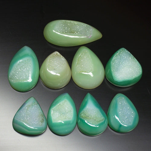 9pc, 260 cts, Natural Green Crystal Druzy Smooth Pear Cabochon Gemstone Lot, Druzy - Jalvi & Co.