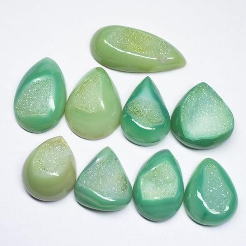 9pc, 260 cts, Natural Green Crystal Druzy Smooth Pear Cabochon Gemstone Lot, Druzy - Jalvi & Co.