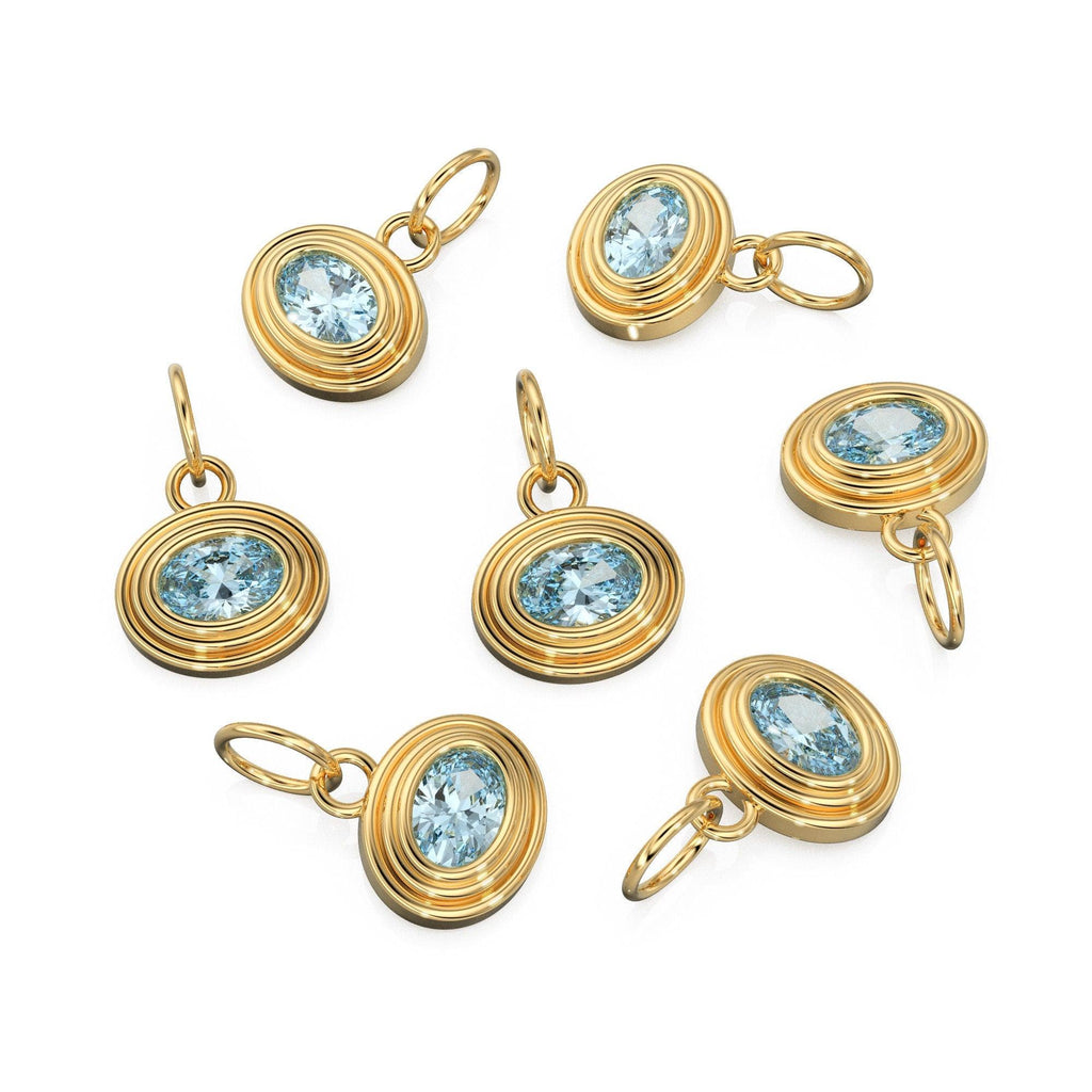 AAA Blue Aquamarine Charms 14k Yellow Solid Gold Bubble Bezel Charm Pendant Blue Oval Gemstone Bezel 18K Gold Jewelry Finding - Jalvi & Co.