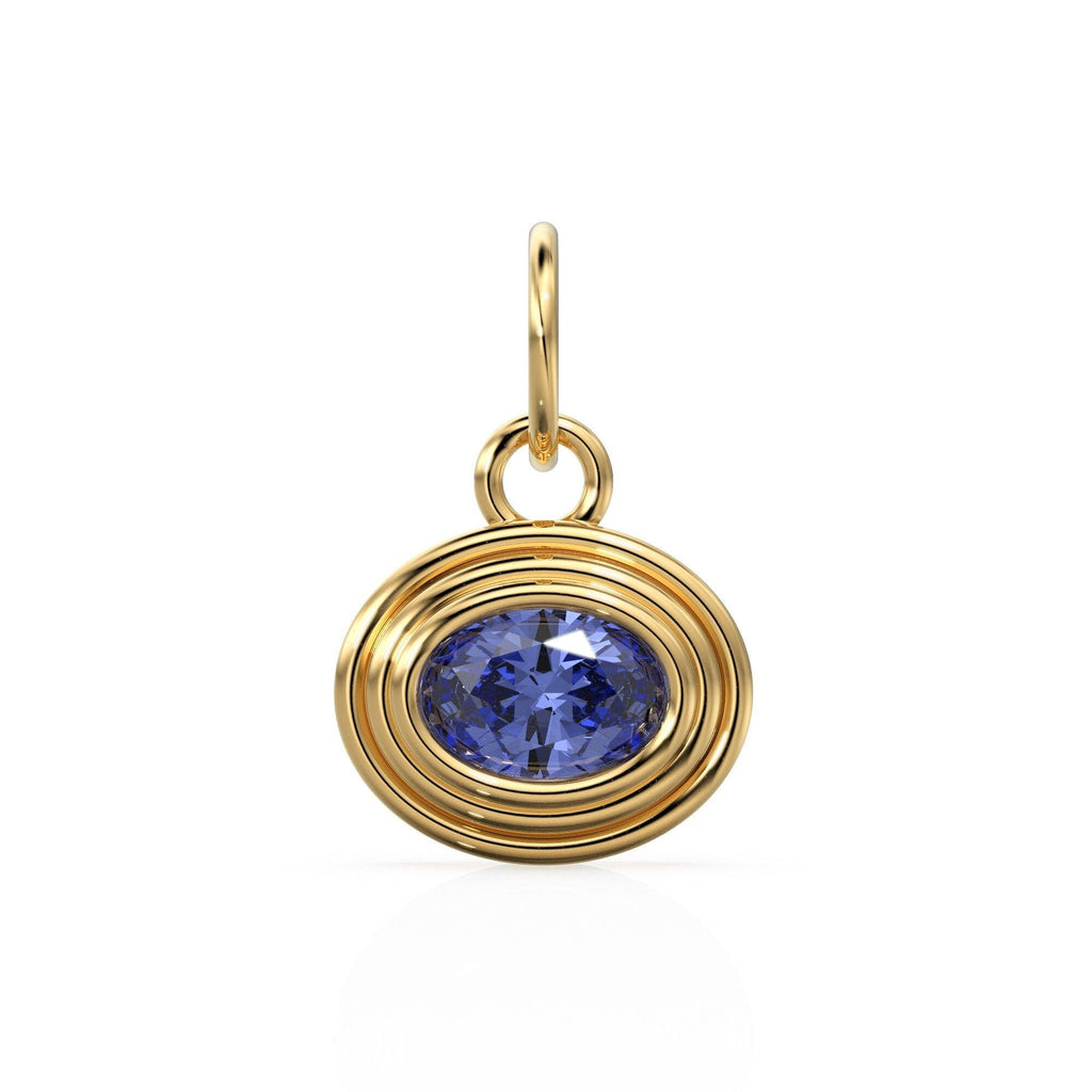 AAA Blue Sapphire Charms 14k Yellow Solid Gold Bubble Bezel Charm Pendant Blue Oval Gemstone Bezel 18K Gold Jewelry Finding - Jalvi & Co.