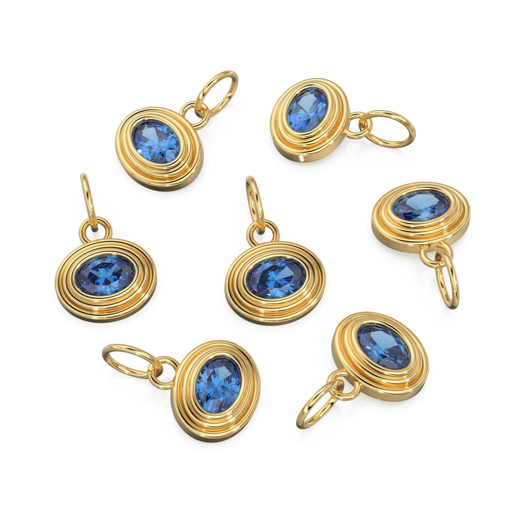 AAA Blue Sapphire Charms 14k Yellow Solid Gold Bubble Bezel Charm Pendant Blue Oval Gemstone Bezel 18K Gold Jewelry Finding - Jalvi & Co.