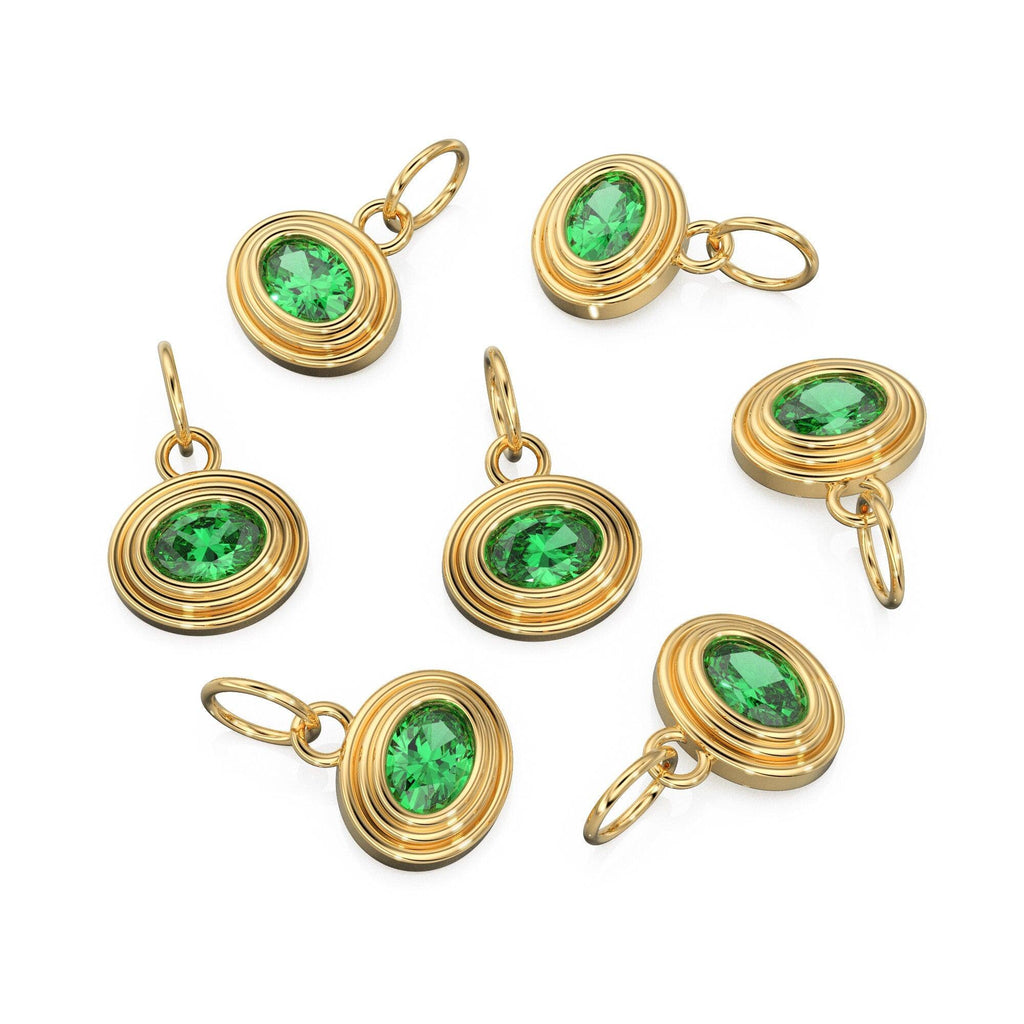 AAA Green Emerald Charms 14k Yellow Solid Gold Bubble Bezel Charm Pendant Green Oval Gemstone Bezel 18K Gold Jewelry Finding - Jalvi & Co.