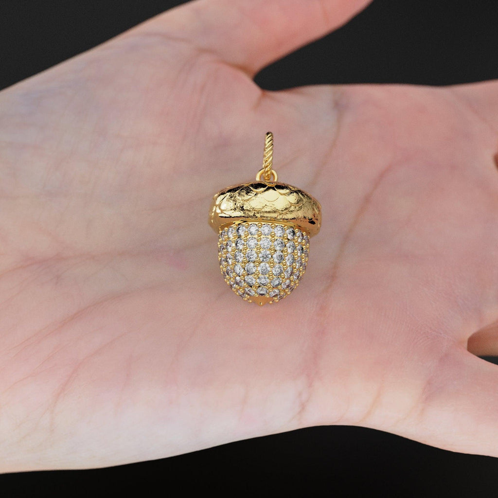 Acorn Solid Gold 18k Diamond Pendant, Luxury Designer Gold Jewelry Gold Gemstone Charm Solid Gold Pendant Gift for her - Jalvi & Co.