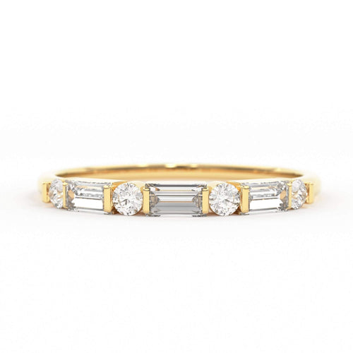 Alternating Baguette Round Diamond Wedding Ring / Baguette Ring / 14k Stacking Ring / Half Eternity Diamond Ring / Petite Stackable Ring - Jalvi & Co.