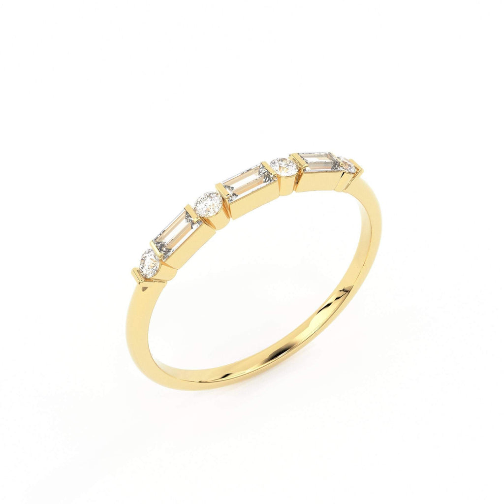 Alternating Baguette Round Diamond Wedding Ring / Baguette Ring / 14k Stacking Ring / Half Eternity Diamond Ring / Petite Stackable Ring - Jalvi & Co.