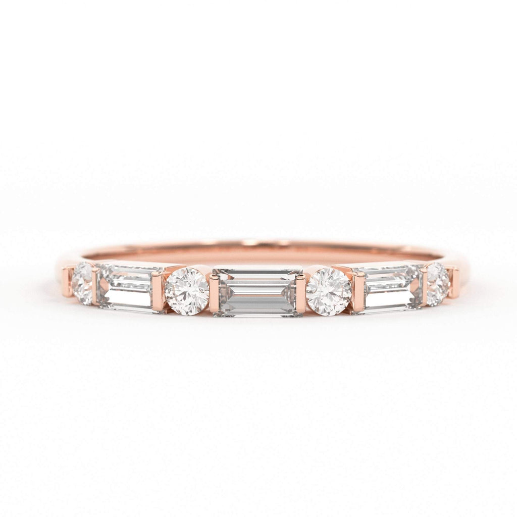 Alternating Baguette Round Diamond Wedding Ring / Baguette Ring / 14k Stacking Ring / Half Eternity Diamond Ring / Petite Stackable Ring - Jalvi & Co.