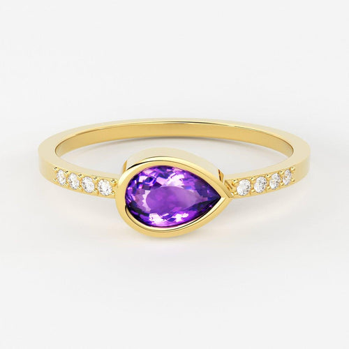 Amethyst Diamond Ring / 14k Gold Pear Amethyst & Round Diamond Prong Ring / Diamond Statement Ring / Diamond Wedding Band - Jalvi & Co.