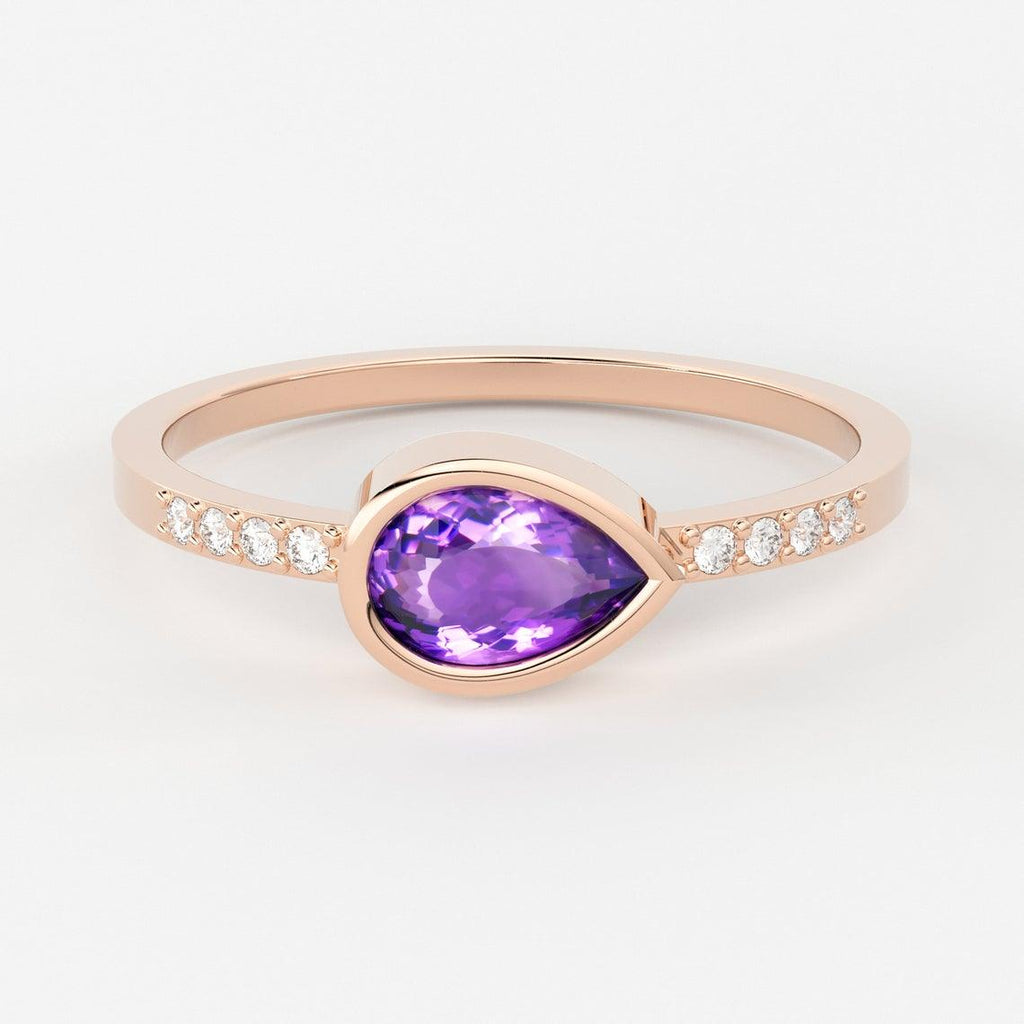 Amethyst Diamond Ring / 14k Gold Pear Amethyst & Round Diamond Prong Ring / Diamond Statement Ring / Diamond Wedding Band - Jalvi & Co.