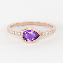 Load image into Gallery viewer, Amethyst Diamond Ring / 14k Gold Pear Amethyst &amp; Round Diamond Prong Ring / Diamond Statement Ring / Diamond Wedding Band - Jalvi &amp; Co.