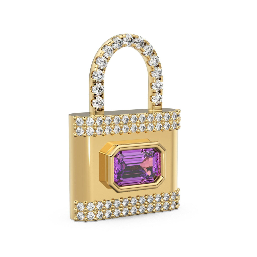 Amethyst Pave Diamond PadLock Charm / February Birthstone Gemstone Pendant / Padlock 14k Gold Pendant / Purple Gemstone 18k Gold JewelrySALE - Jalvi & Co.