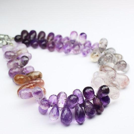 Amethyst Rutile Faceted Briolette Tear Drop Loose Gemstone Beads 10mm 12mm 6pc - Jalvi & Co.