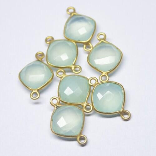 Aqua Blue Chalcedony Cushion Gold Plated 925 Sterling Silver Connector 5pc 18mm - Jalvi & Co.