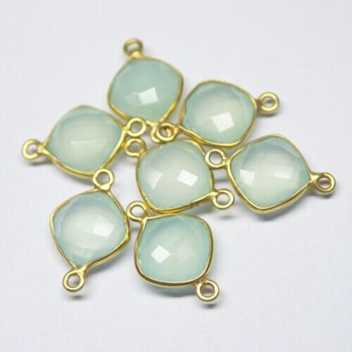 Aqua Blue Chalcedony Cushion Gold Plated 925 Sterling Silver Connector 5pc 18mm - Jalvi & Co.