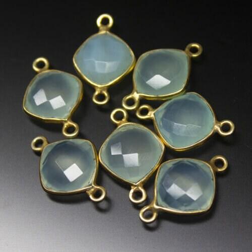 Aqua Blue Chalcedony Cushion Gold Plated 925 Sterling Silver Connector 5pc 18mm - Jalvi & Co.