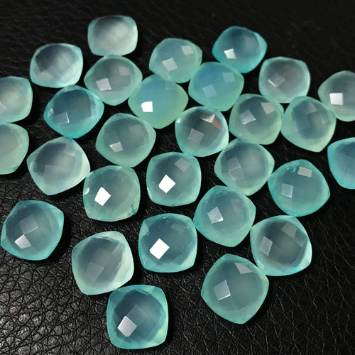 Aqua Chalcedony Faceted Checker Cushion Gemstone Beads Matching Pair 6pc 10mm - Jalvi & Co.