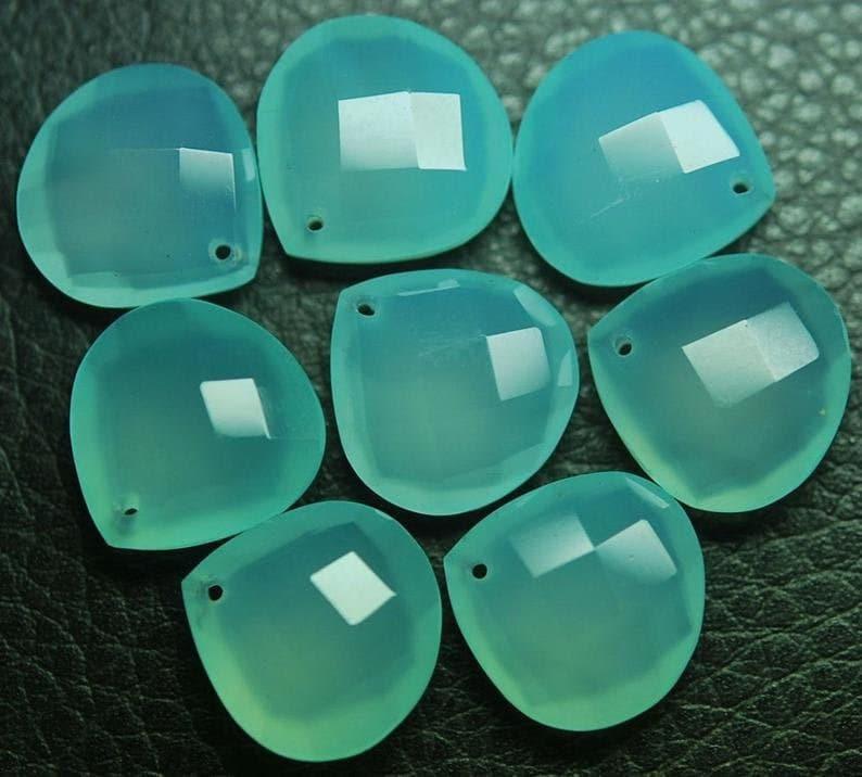 Aqua Chalcedony Faceted Heart Shape Briolettes 14mm 3 Matched Pair, AAA Quality, FRONT DRILLED - Jalvi & Co.