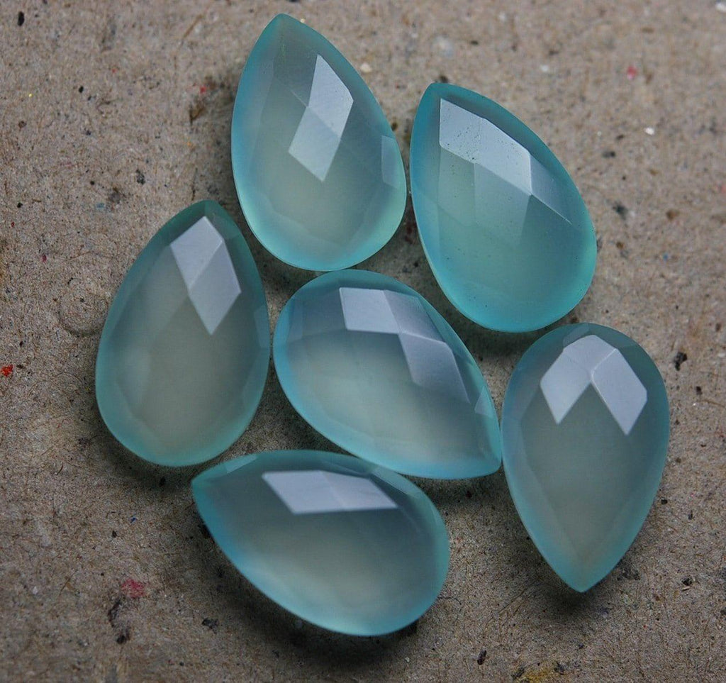 Aqua Chalcedony Faceted Pear Shape Drops Briolette Gemstone Beads 6pc 12x16mm - Jalvi & Co.