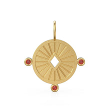 Load image into Gallery viewer, Aurora Necklace 18k Gold &amp; Rubies, Celestial Necklace, Talisman, Gold Medallion, Sun Necklace, Ruby Necklace, Triple Stone, July Birthstone - Jalvi &amp; Co.