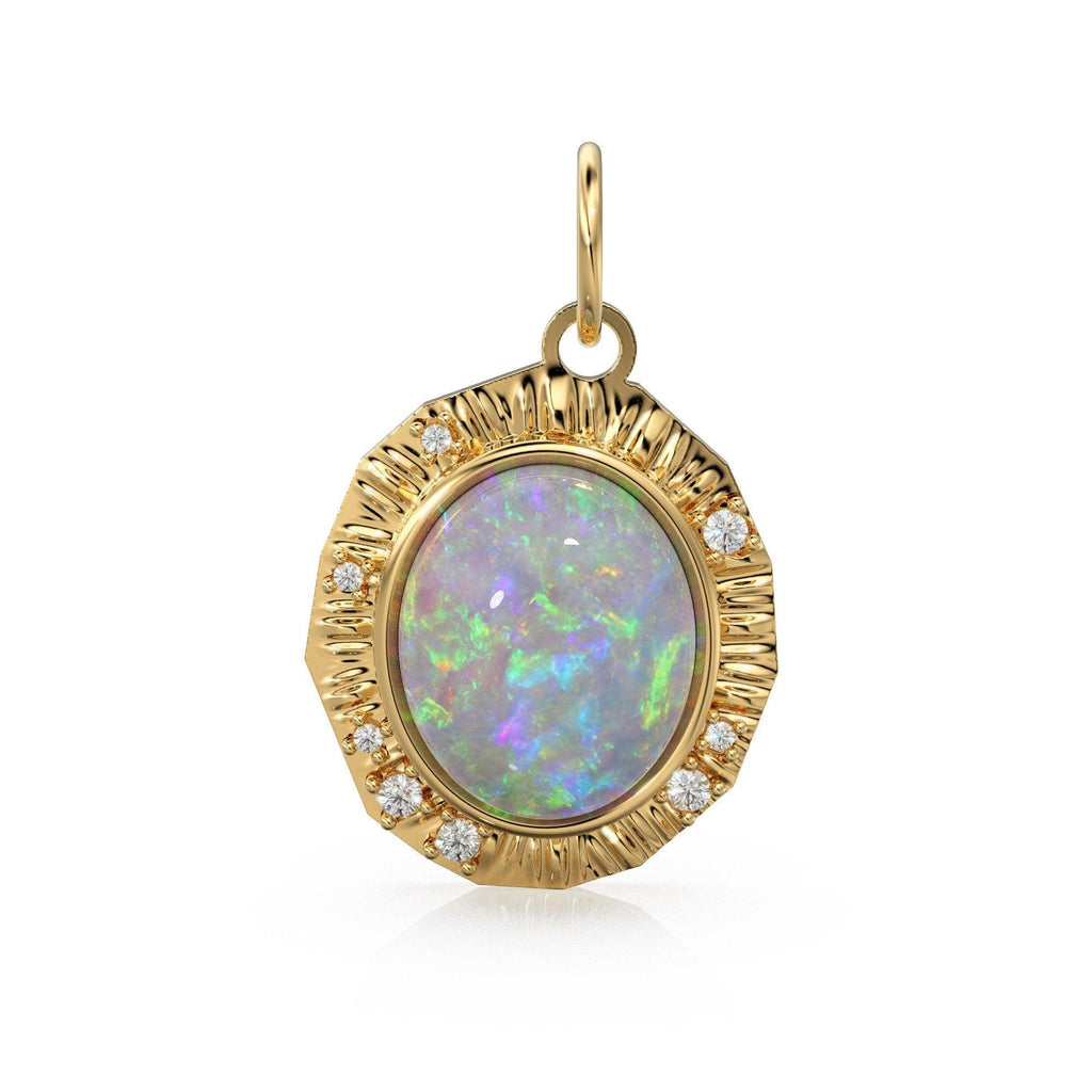 Australian Opal Diamonds Gold Pendant, Fire Opal Diamonds 14k Yellow Gold Charm, Opal Diamonds Halo Yellow Gold Necklace, June Birthstone - Jalvi & Co.